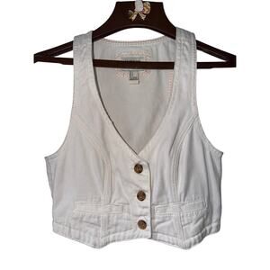 White V-Neck Button Up Sleeveless Western Boho Denim Jean Vest Small 100% Cotton